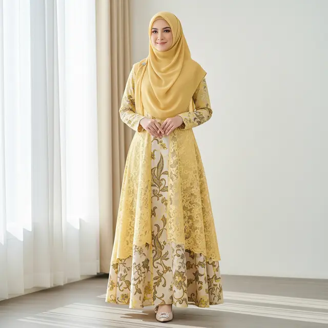 Model Gamis Batik Brokat Soft Yellow Terbaru untuk Ramadan 2026