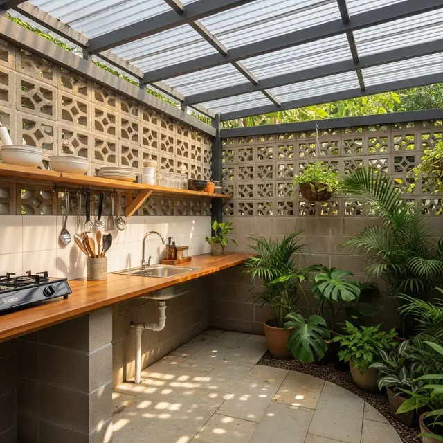 Dapur Kecil Semi Outdoor dengan Rangka Baja Ringan dan Tanaman Hias (Gemini AI)