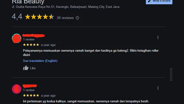 Ulasan Ria Beauty Care di Malang/Google Review