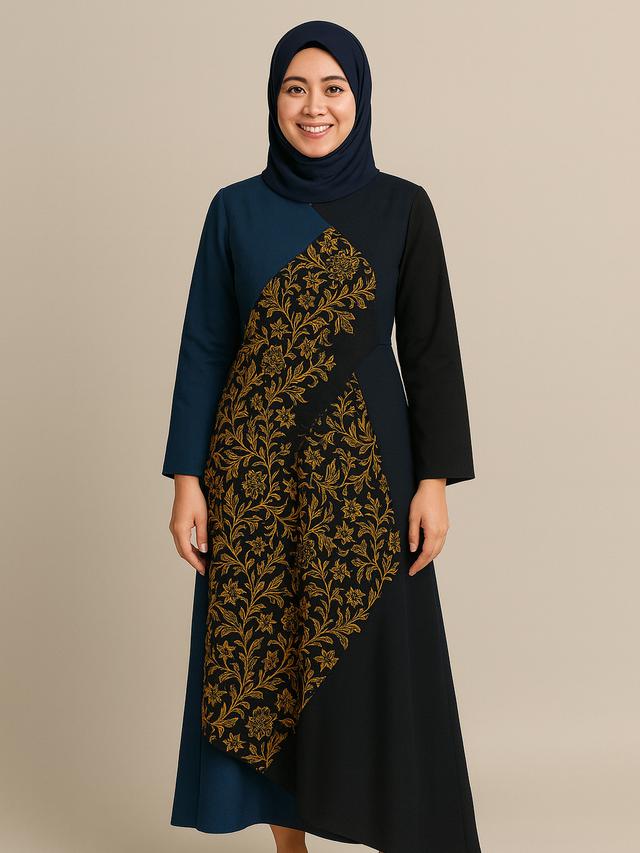 10 Model Dress Batik Kombinasi Kain Polos Warna Biru dan Hitam Modern ...