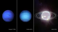 Gambar komposit yang disediakan oleh NASA pada hari Rabu, 21 September 2022, menunjukkan tiga gambar Neptunus yang berdampingan. Dari kiri, foto Neptunus diambil oleh Voyager 2 pada tahun 1989, Hubble pada tahun 2021, dan Webb pada tahun 2022. (NASA, ESA, CSA, STScI via AP)