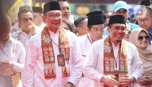 Pasangan Ridwan Kamil-Suswono mendapat dukungan penuh dari partai politik yang tergabung dalam Koalisi Indonesia Maju (KIM) Plus. (Liputan6.com/Angga Yuniar)