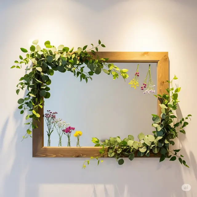 Dekorasi Nikah Sederhana di Rumah Cermin Dekoratif dengan Frame Dedaunan