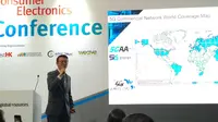 Steven Lee selaku Senior R&D Manager, Smart Mobility, APAS R&D Center, Hong Kong Productivity Council, menjelaskan pentingnya keberadaan jaringan telekomunikasi 5G untuk ADAS (Advanced driver-assistance systems) dan autonomous driving. (Amal/Liputan6.com)