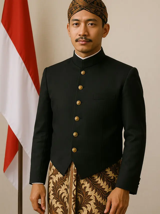 Model Beskap & Belangkon untuk Pria untuk Peringatan Hari Kemerdekaan 17 Agustus 1945 (Image by ChatGPT)