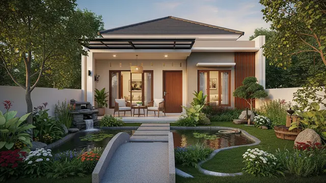 Rumah 6x9 dengan Teras Menghadap Kolam dan Kebun Mini yang Cocok untuk 3-4 Anggota Keluarga