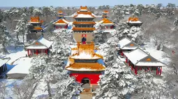 Pemandangan dari atas saat Taman Beiling diselimuti salju di Shenyang di provinsi Liaoning, China (15/3). Usai hujan salju, Taman Beiling diselimuti salju tebal. (AFP)