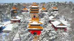Pemandangan dari atas saat Taman Beiling diselimuti salju di Shenyang di provinsi Liaoning, China (15/3). Usai hujan salju, Taman Beiling diselimuti salju tebal. (AFP)
