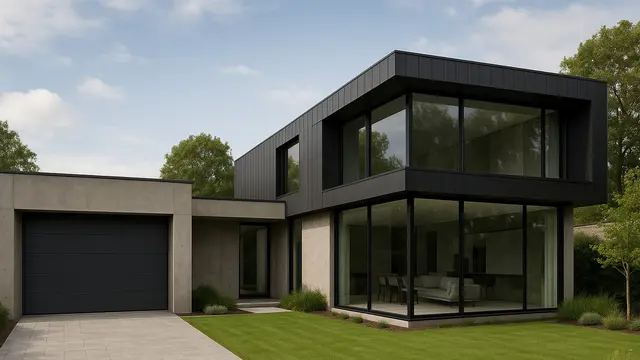 Desain Rumah L-Shape dengan Garasi dan Taman Depan