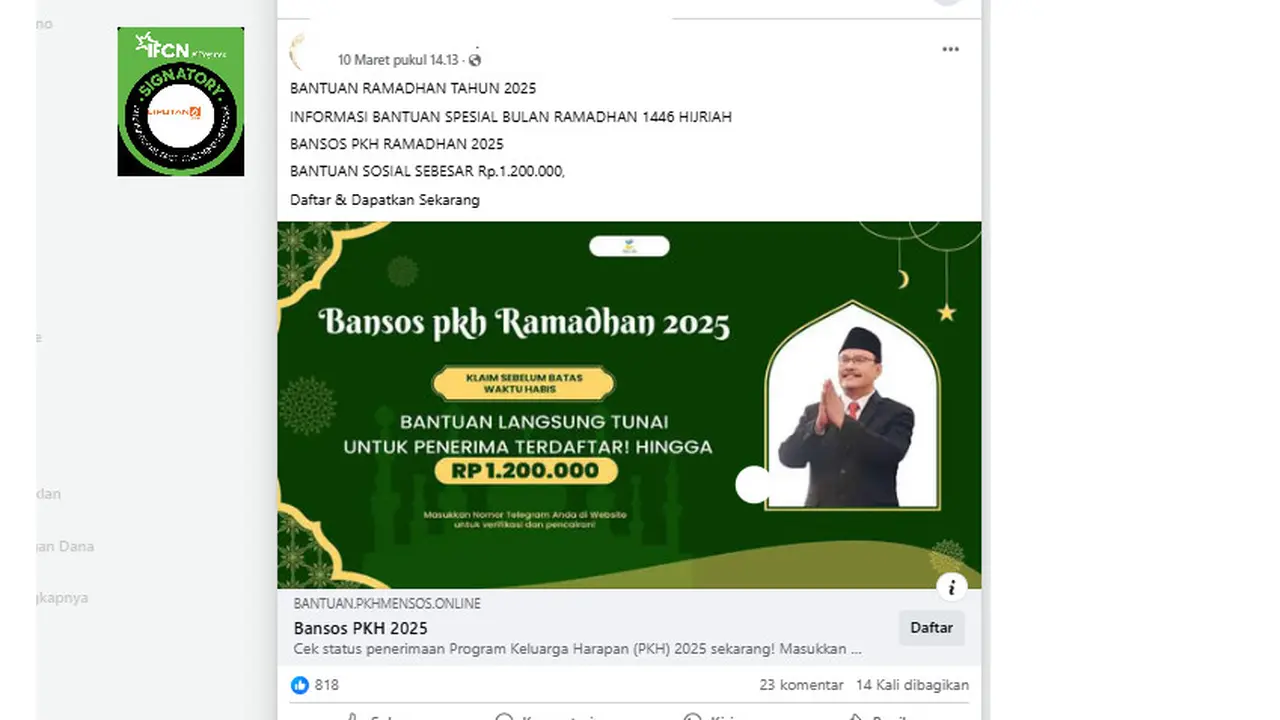 Tangkapan layar link pendaftaran bansos Ramadan 2025 sebesar Rp 1,2 juta