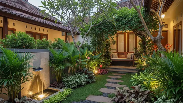desain kebun rumah tropis di halaman depan yang mudah dirawat