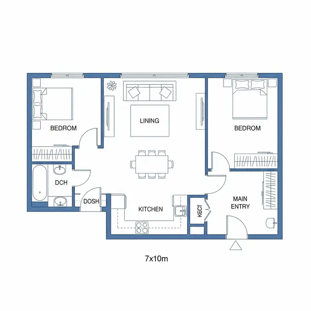 Ide Denah Rumah Ukuran 7x10 Kamar 2 Sederhana (Gemini)