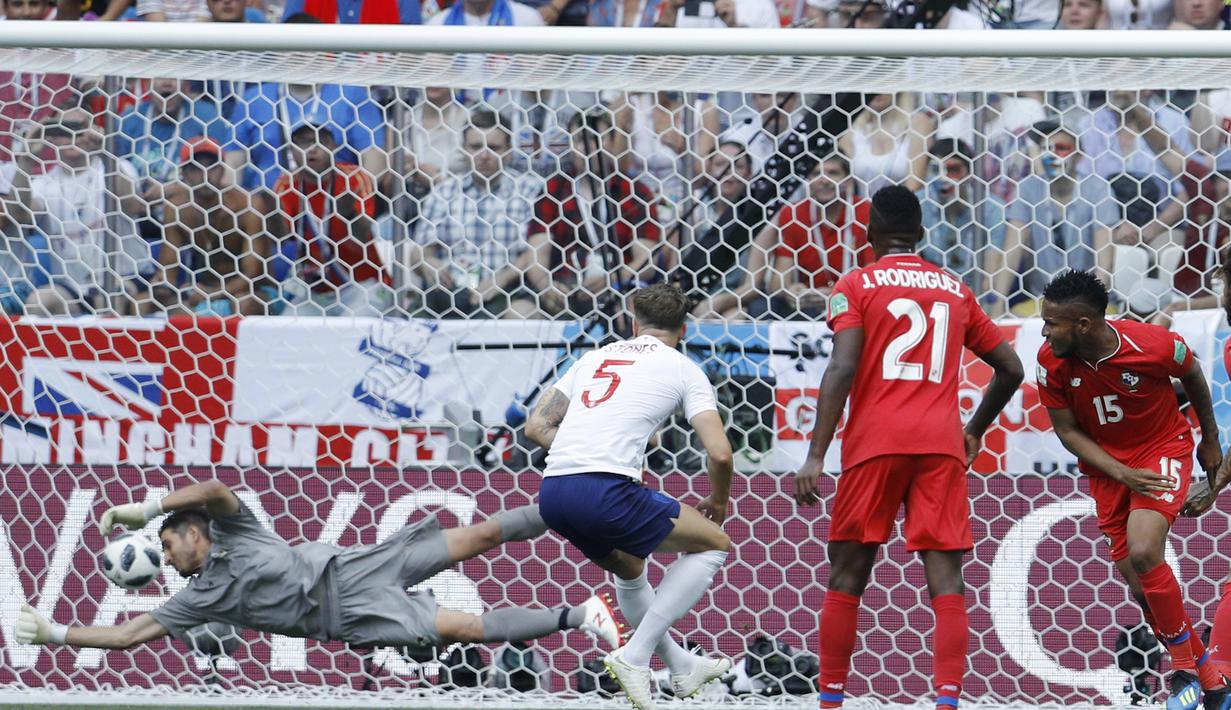 Proses terjadinya gol yang dicetak bek Inggris, John Stones, ke gawang Panama pada laga grup G Piala Dunia di Stadion Nizhny Novgorod, Nizhny Novgorod, Minggu (24/6/2018). Babak pertama Inggris unggul 5-0 atas Panama. (AP/Victor Caivano)