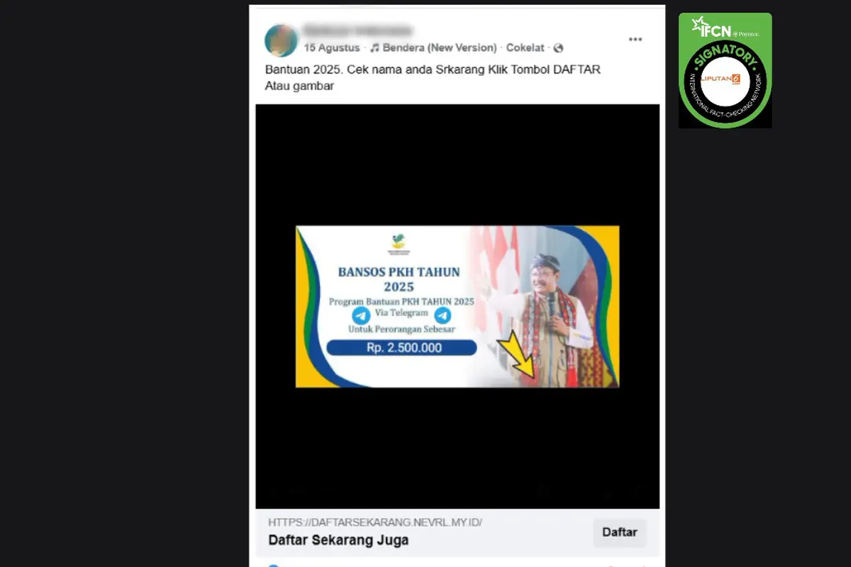 Tangkapan layar klaim link pendaftaran bansos PKH 2025 via Telegram yang beredar di Facebook.