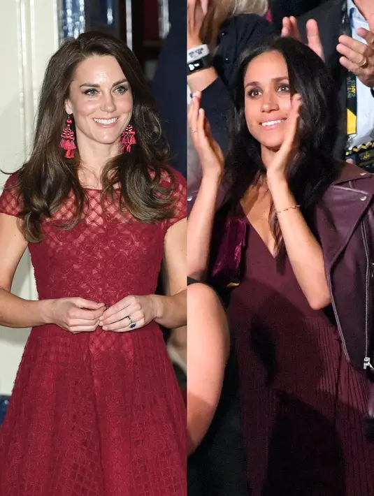 Dari atas hingga bawah, Kate Middleton bersama Meghan Markle terbalut warna burgundy nih. (Getty Images/Cosmopolitan)