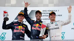 Ki-ka: Max Verstappen, Daniel Ricciardo dan Nico Rosberg saat naik podium di balapan GP Malaysia di Sirkuit Sepang, Minggu (2/10). Dua pebalap Red Bull Racing untuk kali pertama sapu bersih podium di F1 Malaysia 2016. ( REUTERS / Edgar Su)