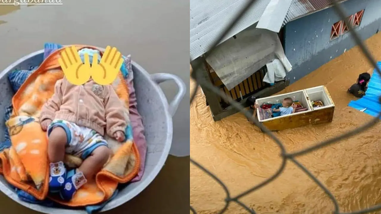 Potret Orang Tua Evakuasi Anaknya Saat Banjir