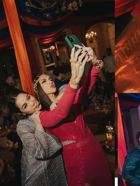 Ia memakai dress dengan aksen cut out pada bagian pinggang dan high slit pada rok. Serta mengenakan headpiece khas Cleopatra warna gold. [Foto: @ramadhaniabakrie]