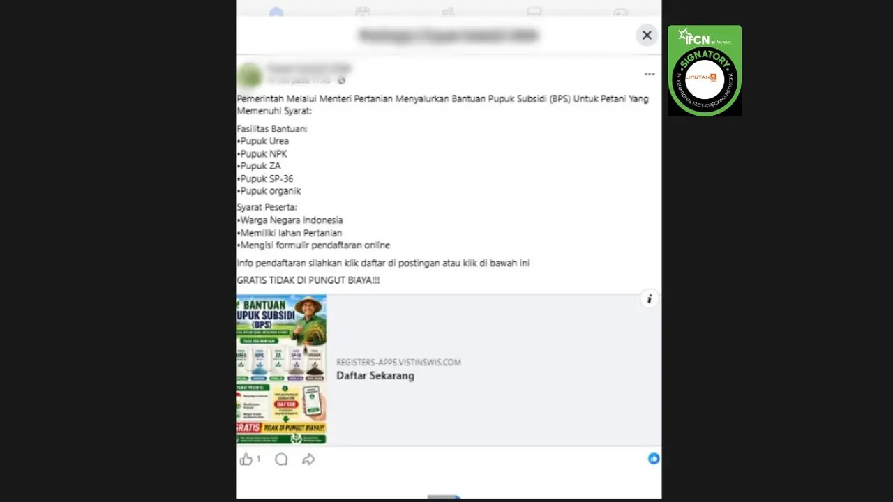 Cek Fakta Liputan6.com mendapati klaim link pendaftaran untuk mendapatkan bantuan pupuk bersubsidi dari pemerintah.