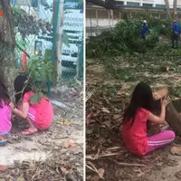 Inilah alasan di balik foto seorang bocah yang tak berhentinya menangis ketika beberapa orang petugas menebang pohon. (Foto: Facebook/Tricia Chwee Har Kim)