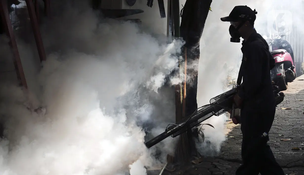 Petugas melakukan pengasapan atau fogging untuk membasmi nyamuk demam berdarah dengue (DBD) di perumahan warga di Jakarta, Sabtu (11/4/2020). Fogging dilakukan sebagai langkah pengendalian vektor nyamuk DBD. (Liputan6.com/JohanTallo)