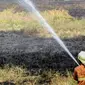 Petugas pemadam kebakaran melakukan pemadaman lahan yang terbakar di kawasan Lingkar Mega Kuningan, Jakarta, Minggu (13/9/2015). Diduga kebakaran lahan kosong tersebut puntung rokok yang dibuang sembarangan. (Liputan6.com/Faizal Fanani) 