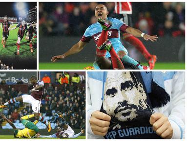 Foto terbaik Liga Premier Inggris pekan ke-25 antara lain diwarnai oleh syal Josep Guardiola yang sudah mulai dikenakan fans Manchester City serta kerasnya laga Southampton melawan West Ham.