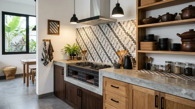 Ide Dapur Tema Pawon Jawa, Tampil Modern Minimalis Ala Tradisional Model dengan Sentuhan Batik Geometris