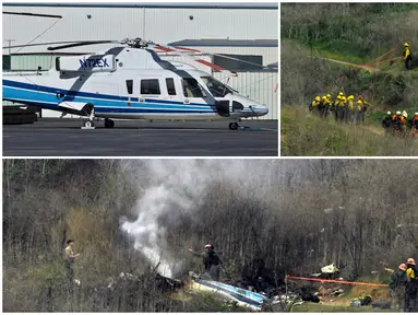 Berikut ini penampakan helikopter berjenis Sikorsky S-76B yang membawa legenda NBA, Kobe Bryant, saat kecelakaan di Calabasas, California. (Foto Kolase AP)