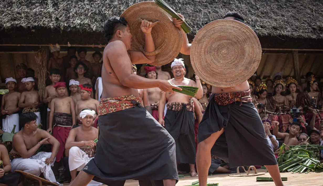 Anak laki-laki mengambil bagian dalam ritual tahunan "Perang Pandan" (pertarungan daun Pandan), yang secara lokal dikenal sebagai "Mekare-kare," untuk menghormati Indra, dewa perang Hindu, di Tenganan Pegringsingan, Bali pada Kamis 11 Juni 2026. (LANA PRIATNA/AFP)