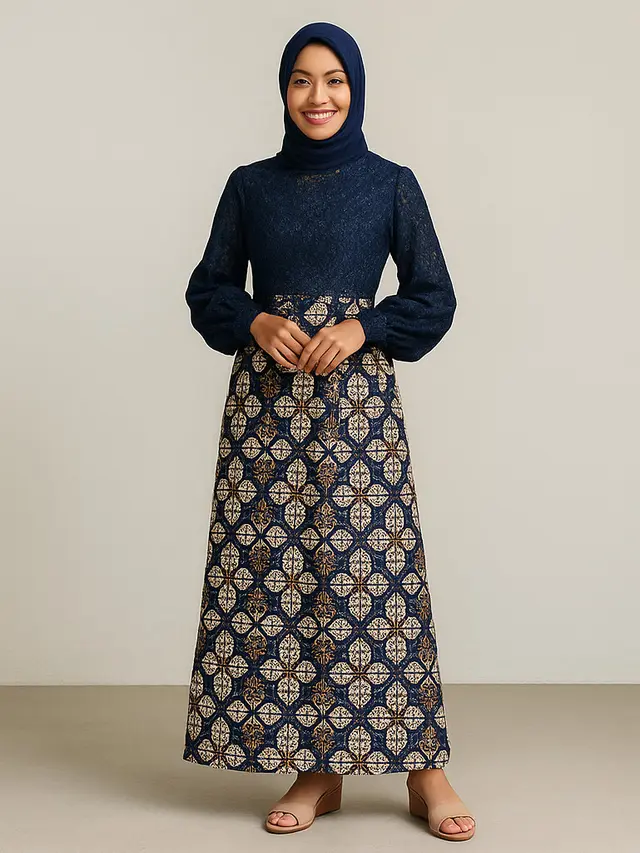 Model Long Dress Brokat Kombinasi Batik Modern Lengan Bishop/Ilustrasi Gambar AI