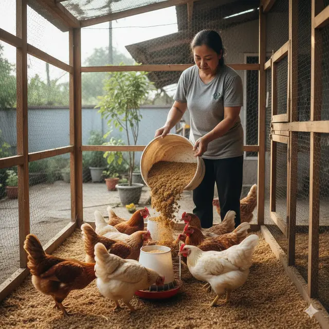 Cara Mengatur Pakan Ayam Rumahan (Foto: Gemini AI)