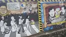 Mural Capres Joko Widodo dan Prabowo Subianto terlihat di Jalan Juanda, Depok, Jawa Barat, Rabu (21/11). Mural tersebut memiliki pesan agar masyarakat tetap damai dan berteman meski berbeda memilih capres di Pilpres 2019. (Liputan6.com/Herman Zakharia)