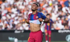 Pemain Barcelona Gabriel Jesus bereaksi dalam laga Liga Spanyol antara Valencia vs Barcelona di Valencia, Spanyol, Minggu, 6 September 2026. (AP Photo/Alberto Saiz)