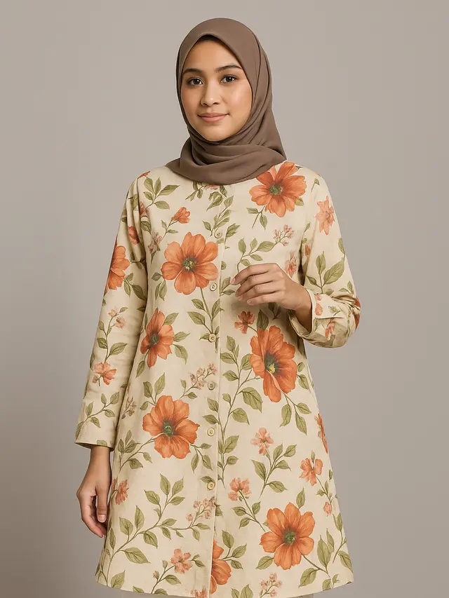 7 Model Tunik Motif Bunga Kancing Depan Terbaru