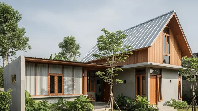 Rumah Minimalis Kombinasi Kayu, Beton, dan Atap Seng