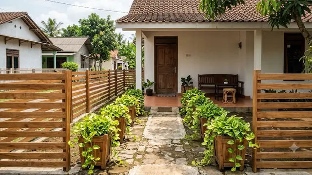 Ide Teras Rumah dengan Sirih Gading dan Pagar Kayu yang Desainnya Estetik Penggugah Kenyamanan Model dengan  Pot Kayu dan Pagar Sederhana