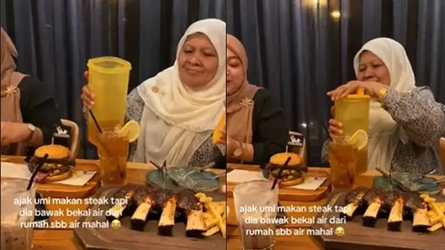 Aksi Emak-Emak Bawa Botol Minuman Ukuran Besar ke Restoran Steak Ini Jadi Sorotan