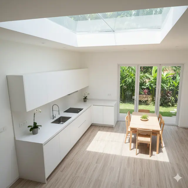 Dapur Tanpa Kabinet Atas dengan Pencahayaan Atap Kaca