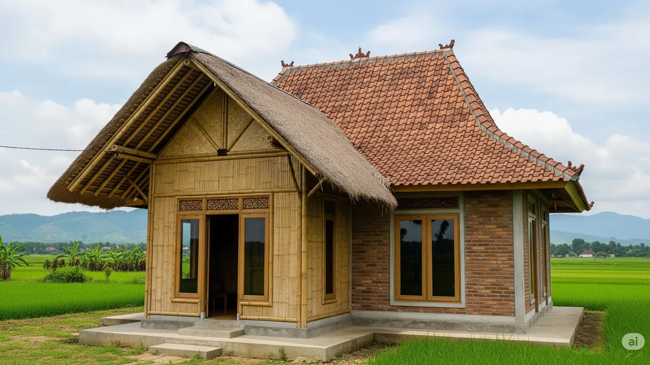 Model Rumah Sederhana dari Bambu dan Batako Dengan Kombinasi Atap Jerami dan Genteng/Ilustrasi AI