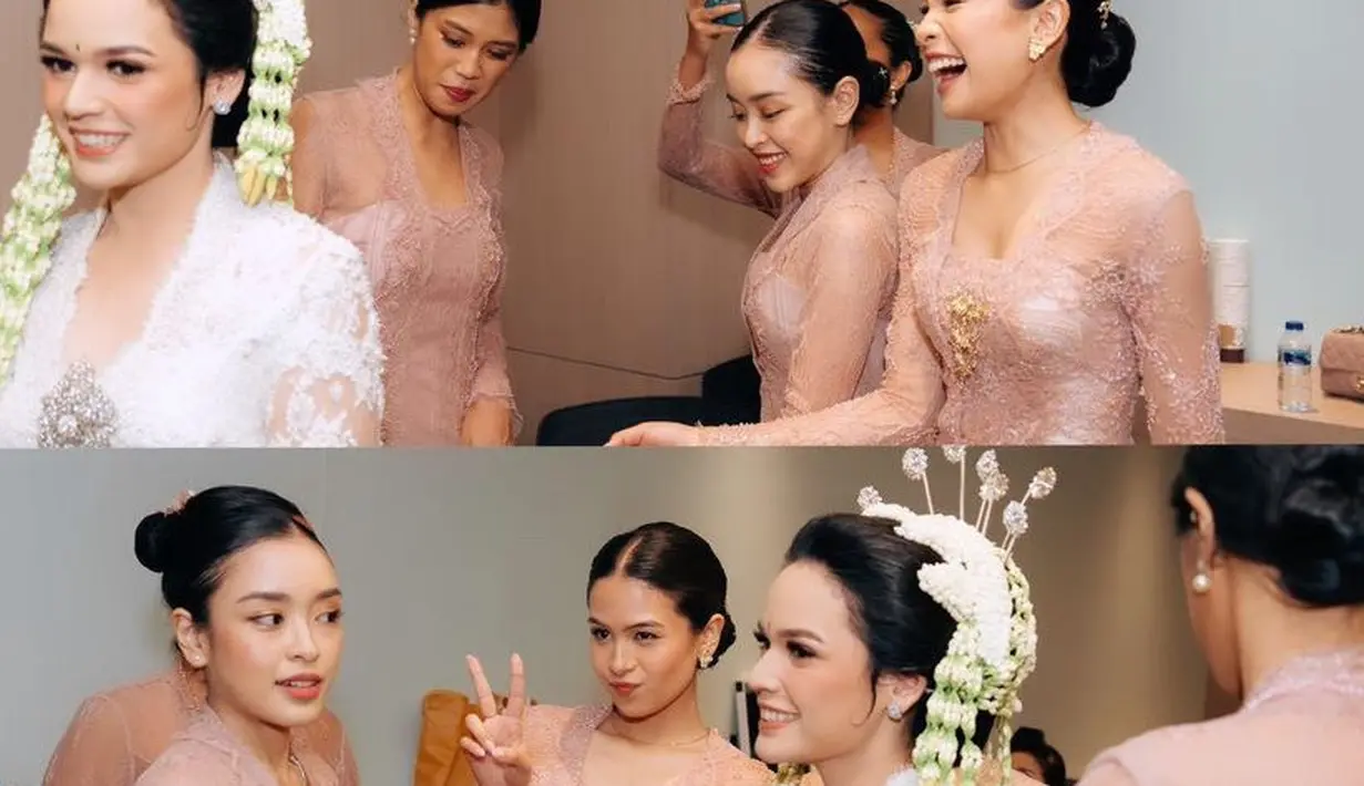 Maudy tampil dengan kebaya sesuai dengan konsep pernikahan sang sahabat yang mengenakan adat Jawa. Tampak sang pengantin mengenakan kebaya putih dengan sanggul khas perempuan Jawa.  [@maudyayunda]