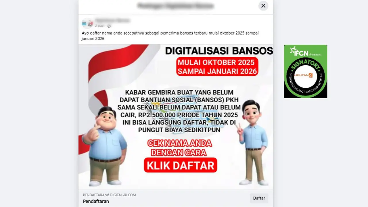 Tangkapan layar klaim tautan pendaftaran penerima bansos terbaru yang beredar di Facebook.