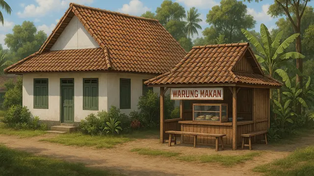 Desain Rumah di Desa Dengan Warung Makan Kecil, Kenalkan Kesyahduan Kampung Jadul Kepada Gen-Z/via ChatGPT