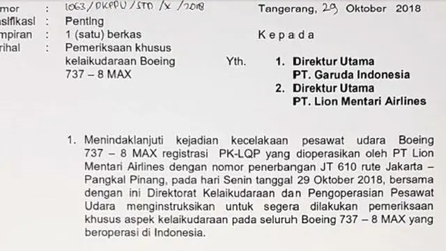 Surat perintah pemeriksaan khusus dari Kemenhub terhadap Kelaikudaraan Boeing 737-8MAX.
