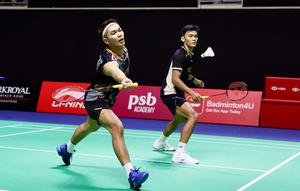Pasangan ganda putra Fajar Alfian/Muhammad Shohibul Fikri (Fajar/Fikri) saat beraksi di Singapore Open 2026. (Dok. PBSI)