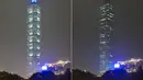 <p>Kombinasi foto ini menunjukkan Taipei 101, gedung komersial setinggi 508 meter, dengan lampu menyala dan mati selama kampanye lingkungan Earth Hour di Taipei pada 25 Maret 2023. (Photo by Sam Yeh / AFP)</p>