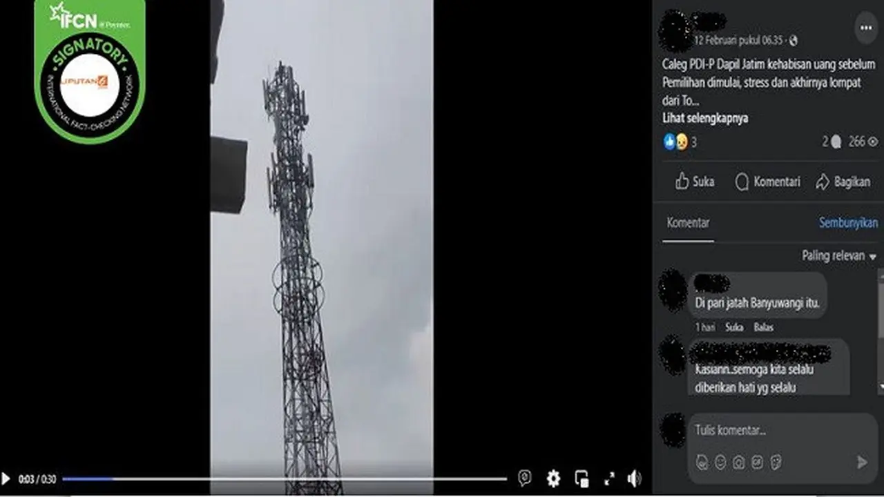 Video yang diklaim seorang caleg di Jatim stres dan nekat melompat dari tower pemancar sinyal. (sumber: Facebook)