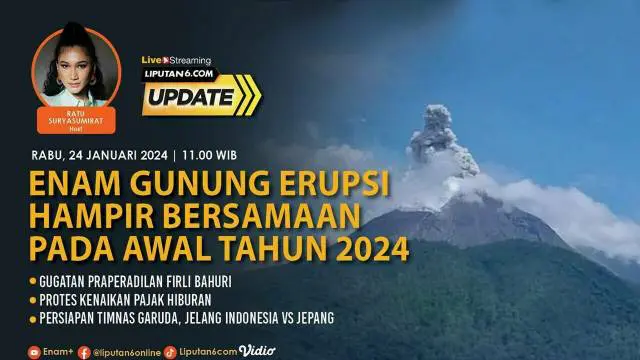 Sejumlah gunung berapi di wilayah Indonesia mengalami erupsi pada awal tahun 2024. Setidaknya, ada enam gunung berapi yang erupsi sejak awal tahun ini.