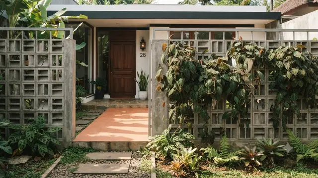 Ide Halaman Rumah dengan Roster Beton dan Philodendron
