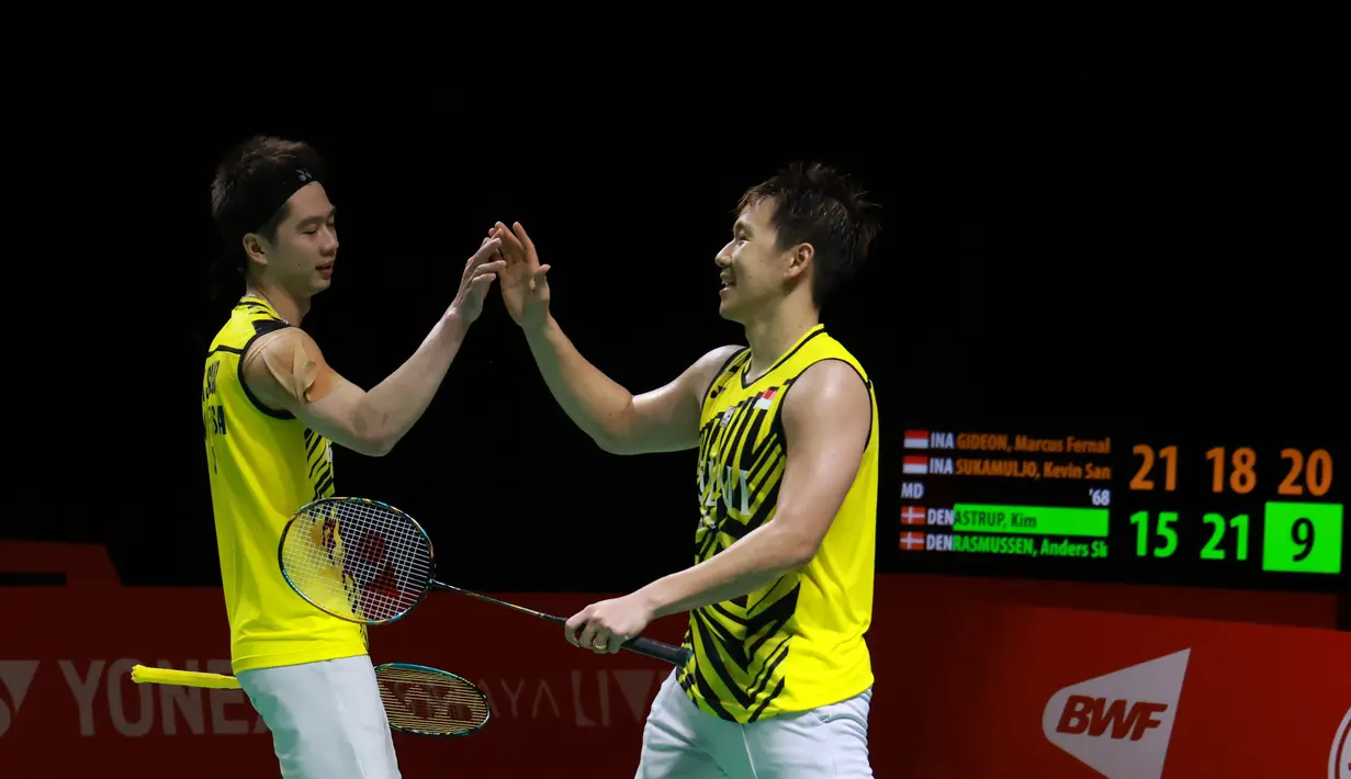 The Minions-julukan Marcus/Kevin mengalahkan pasangan Denmark, Kim Astrup/Anders Skaarup Rasmussen dengan skor 21-15, 18-21, 21-9. (Dok. PBSI)